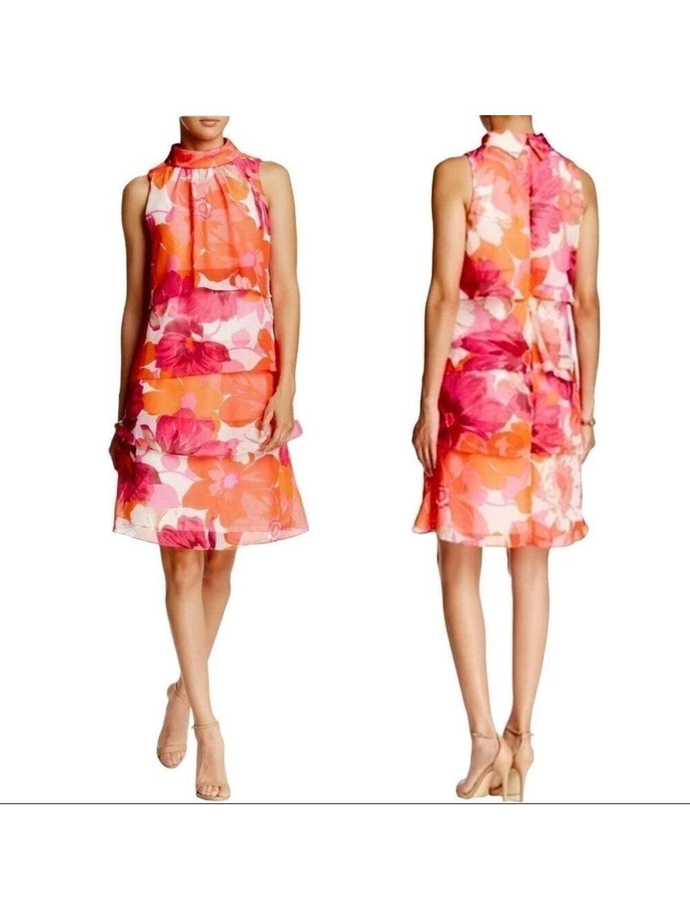 Eliza J Floral Tiered Ruffle Dress High Neck Knee Length Size 12